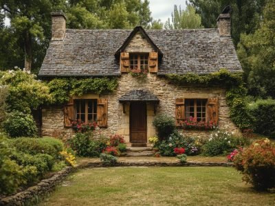 charming-stone-cottage-surrounded-by-lush-greenery-and-vibrant-flowers-in-a-serene-garden-setting-photo
